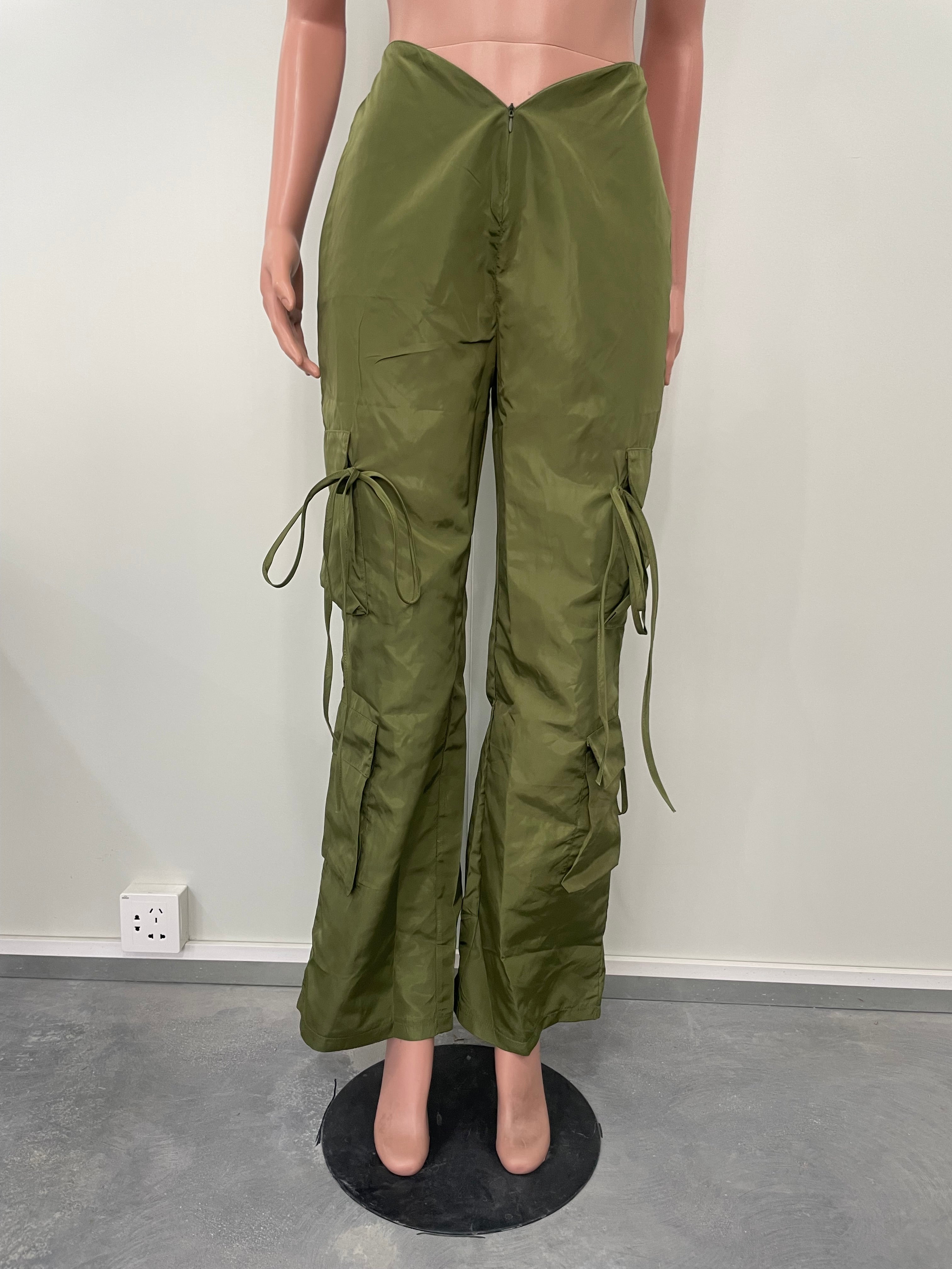 Women's Zip Lace-Up Solid Green Casual Trousers 17