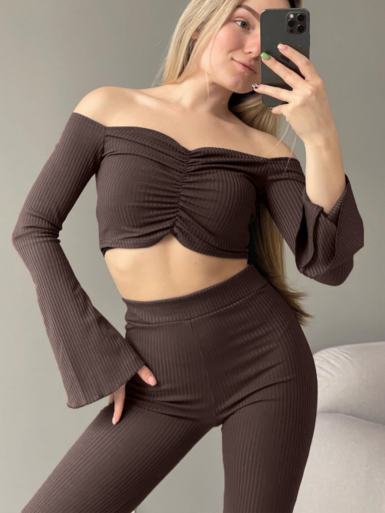 Women Off Shoulder long-sleeved Top Bell Bottom Pant two-piece set 4