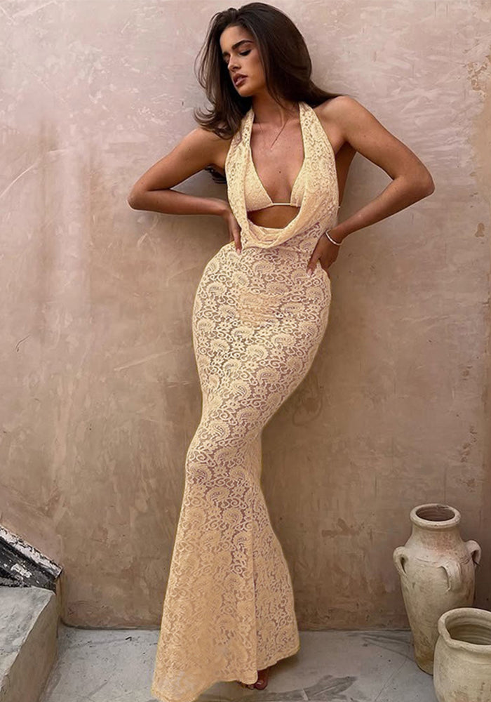 Women French lace Halter Neck V-neck hollow backless maxi dress