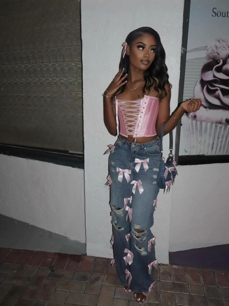 Women Street Bow Washed Ripped Denim Jeans 5