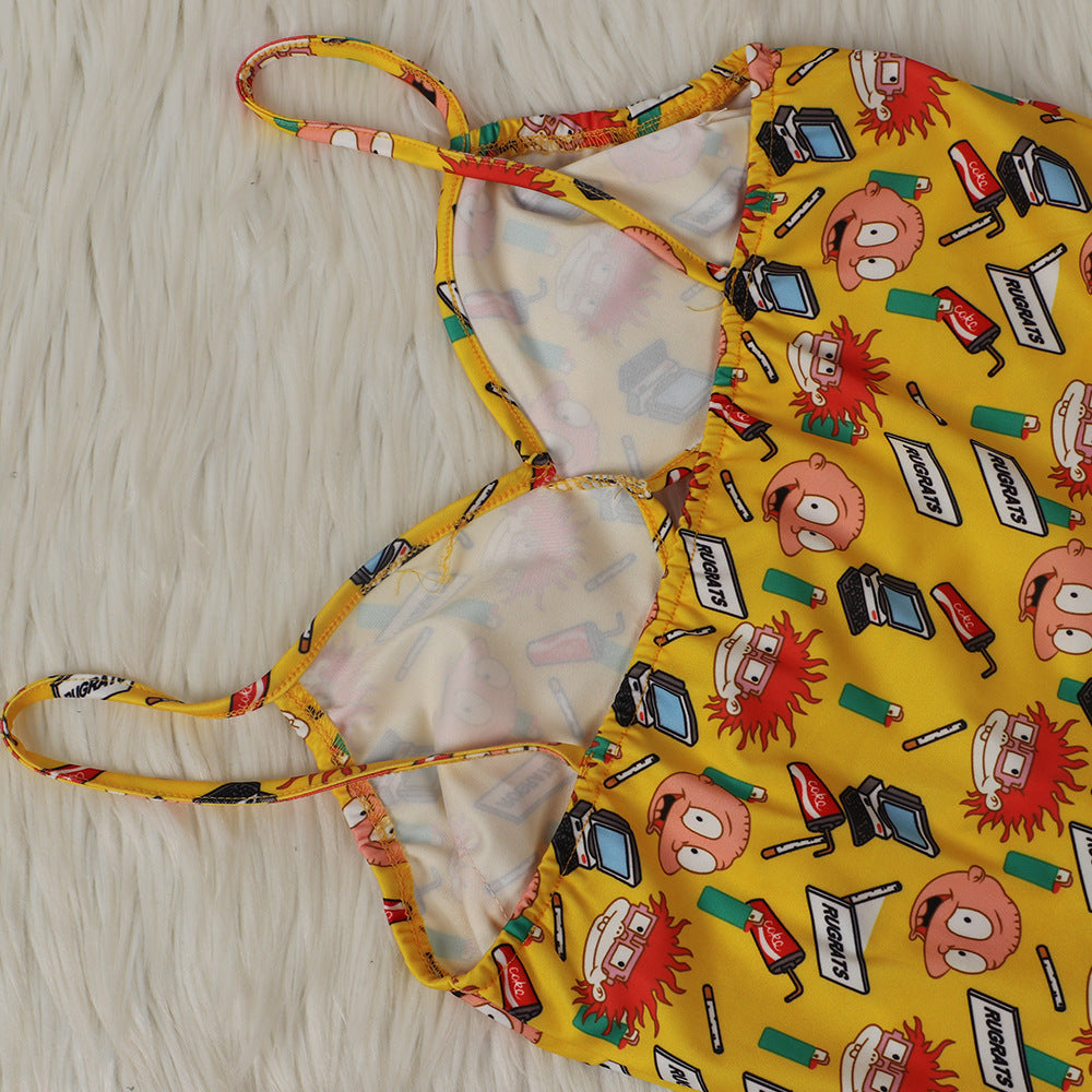 Sexy Women's Solid Color Printed One Piece Swimsuit Mesh Pants Two-Piece Set 32