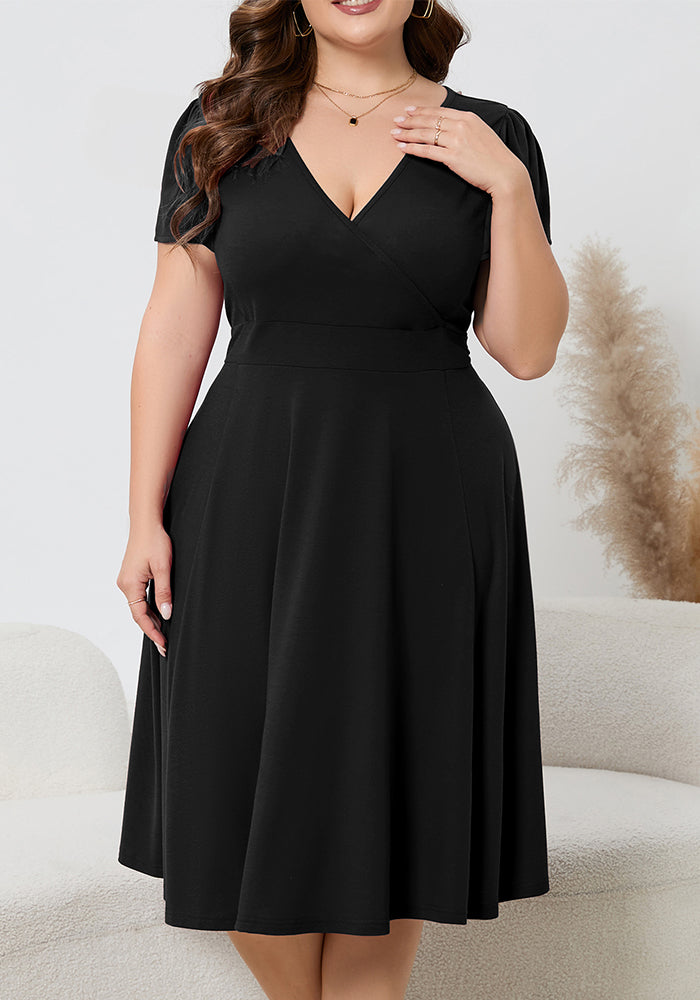 Women's Plus Size Solid Deep V-Neck Slim Waist Short Sleeve A-Line Elegant Dress