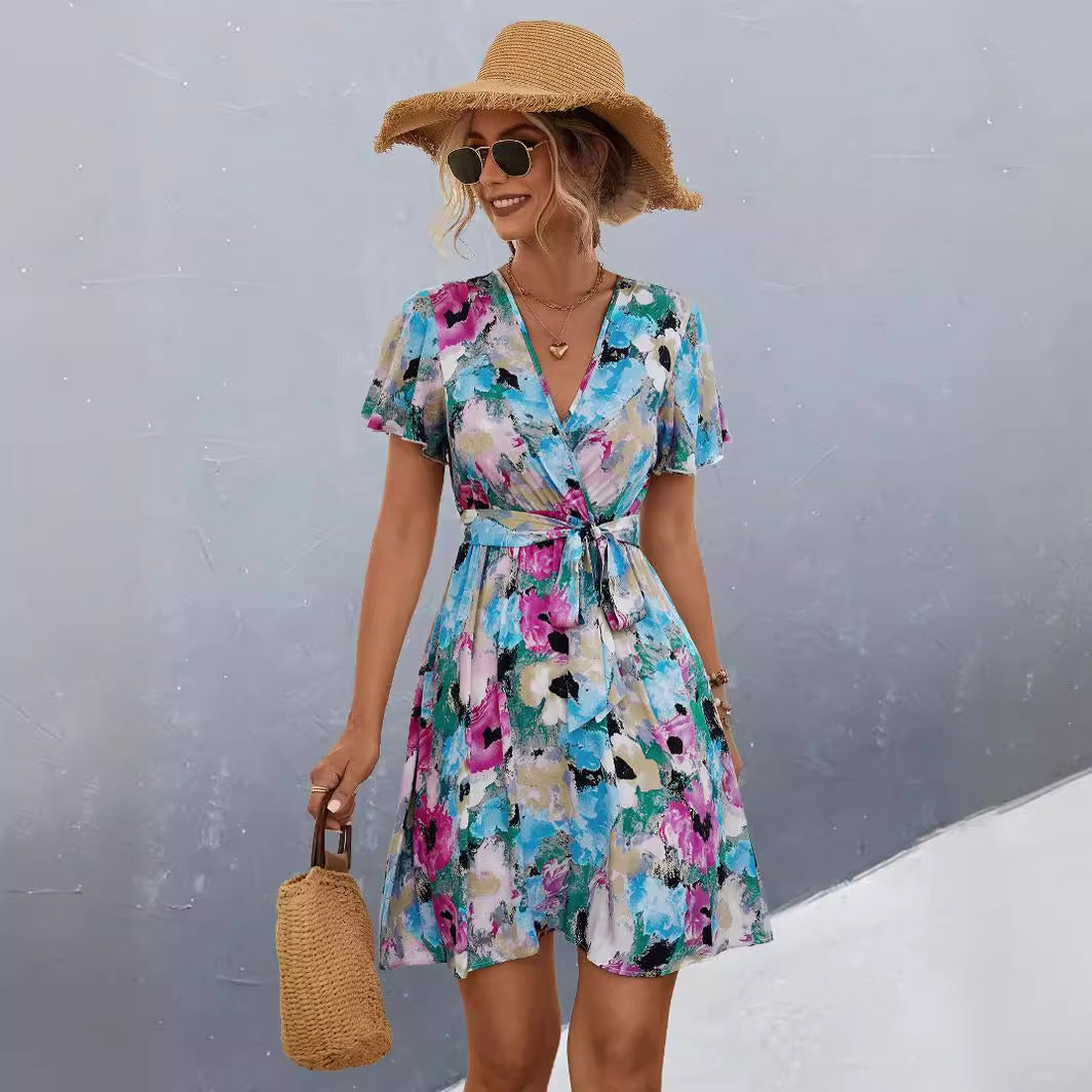 Spring Women's Print Lace-Up Short Sleeve Dress 5