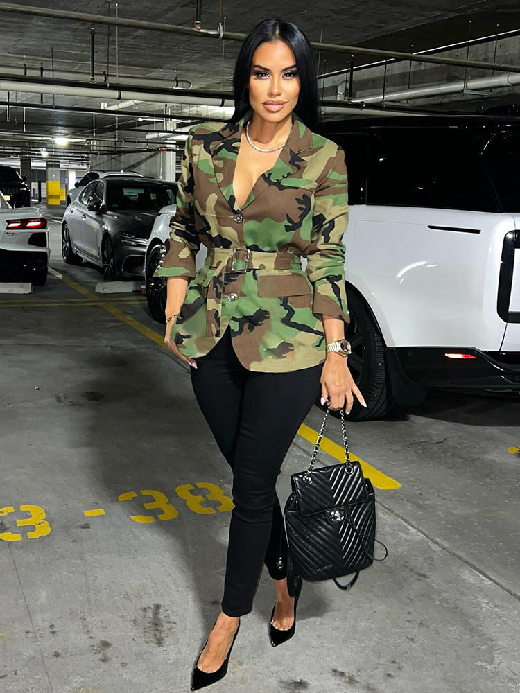 Women Camouflage Blazer Jacket with Belt