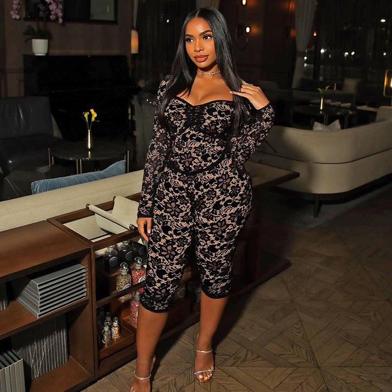 Women's Lace See-Through Long Sleeve Top & Tight Fitting Pants Two-Piece Set 7