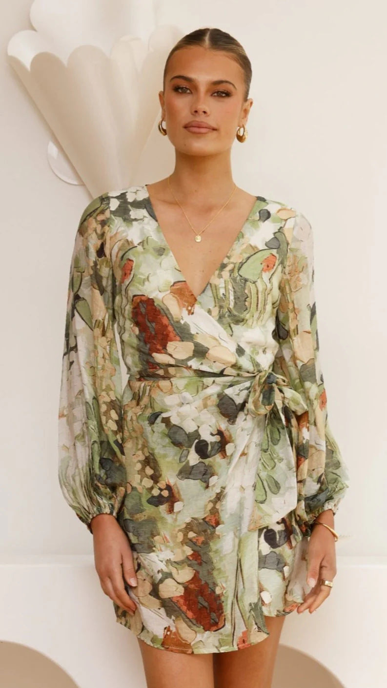 Autumn V-Neck Chiffon Tie-Waist Long Sleeve Print Slim Short Dress 3