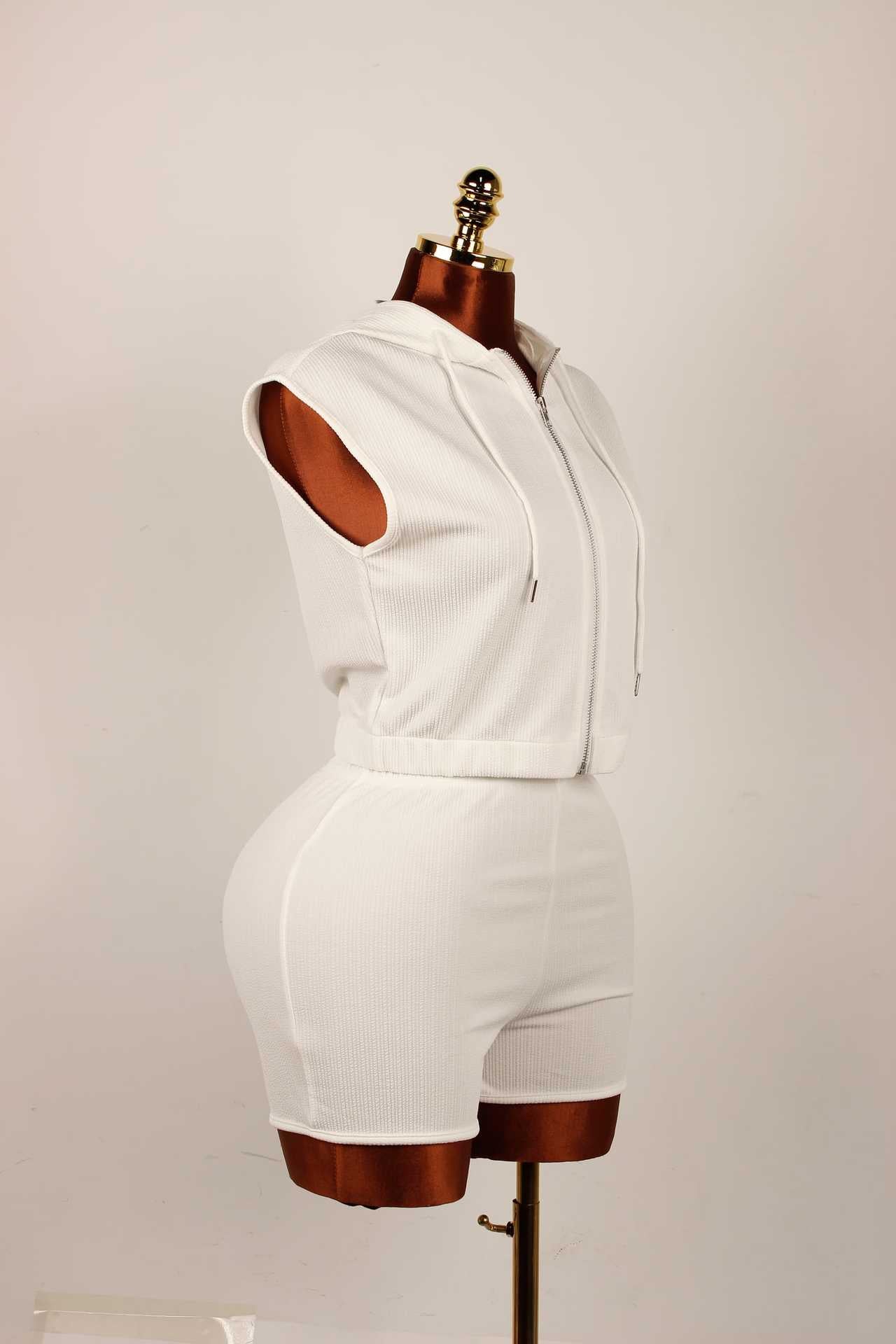 Summer Trendy Style Solid Color Zip-Up Hooded Two Piece Shorts Set 9