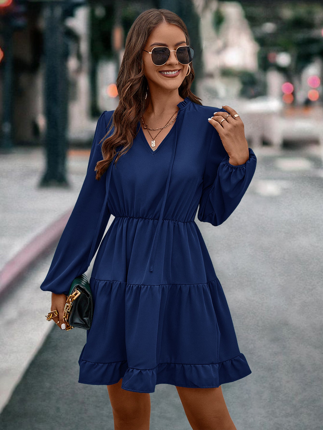 Autumn And Winter Women's  V-Neck Lace-Up Long-Sleeved Dress 3