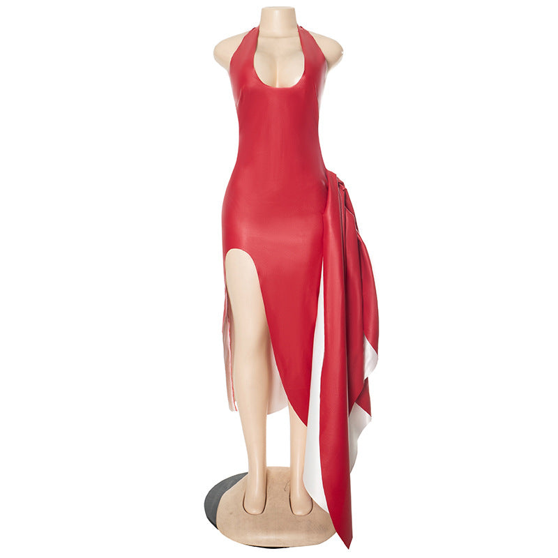 Spring Summer Sexy Deep V Halter Neck Lace Up Slit Dress 16