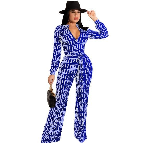 Sexy Fashion Printing Long-Sleeved V-Neck Jumpsuit 7
