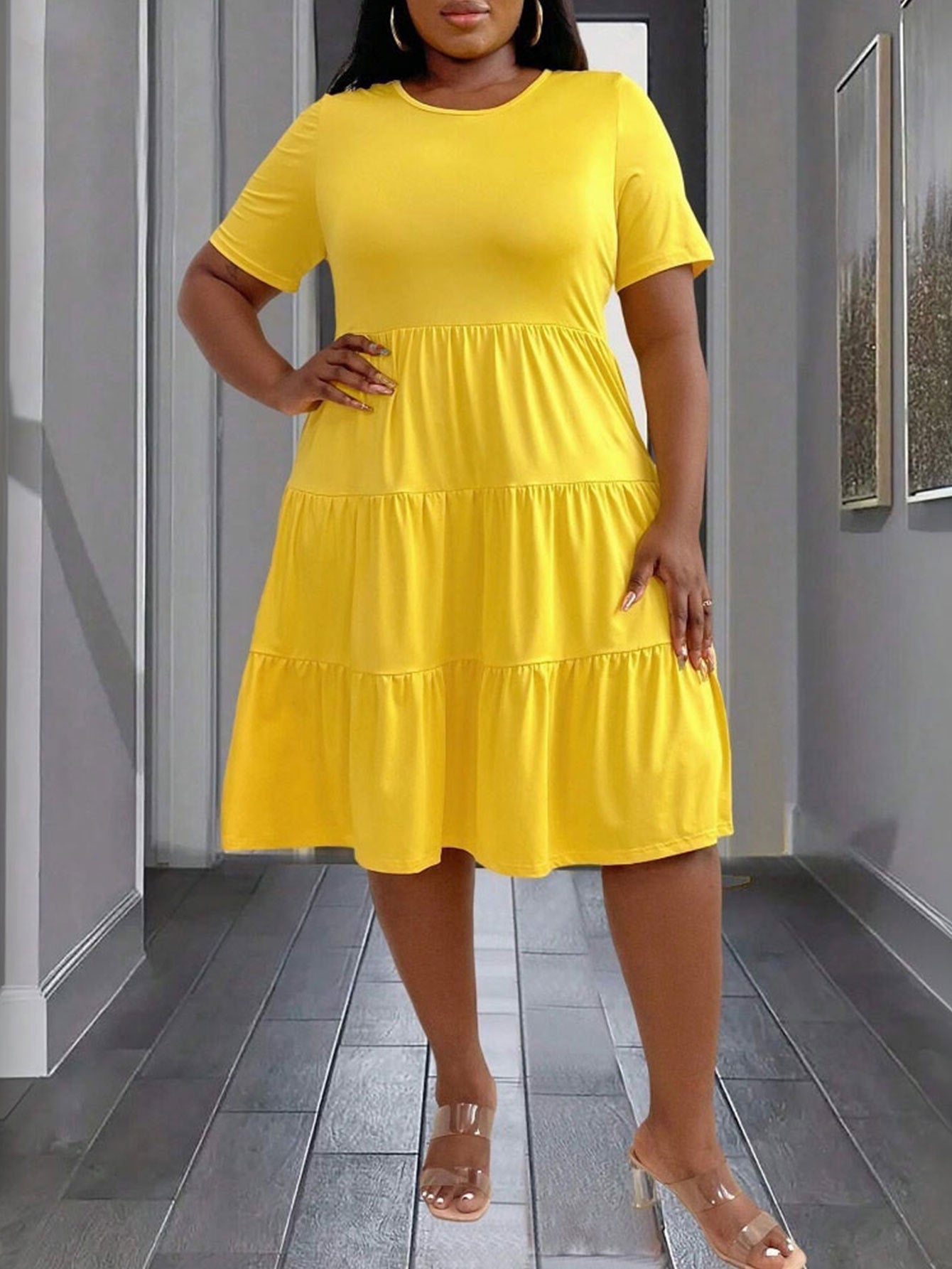 Spring And Summer Plus Size Women's Yellow Loose Short Sleeve Mid-Length Casual Dress 6
