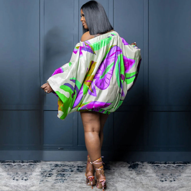 plus size off shoulder printed bat long sleeve loose dress 11