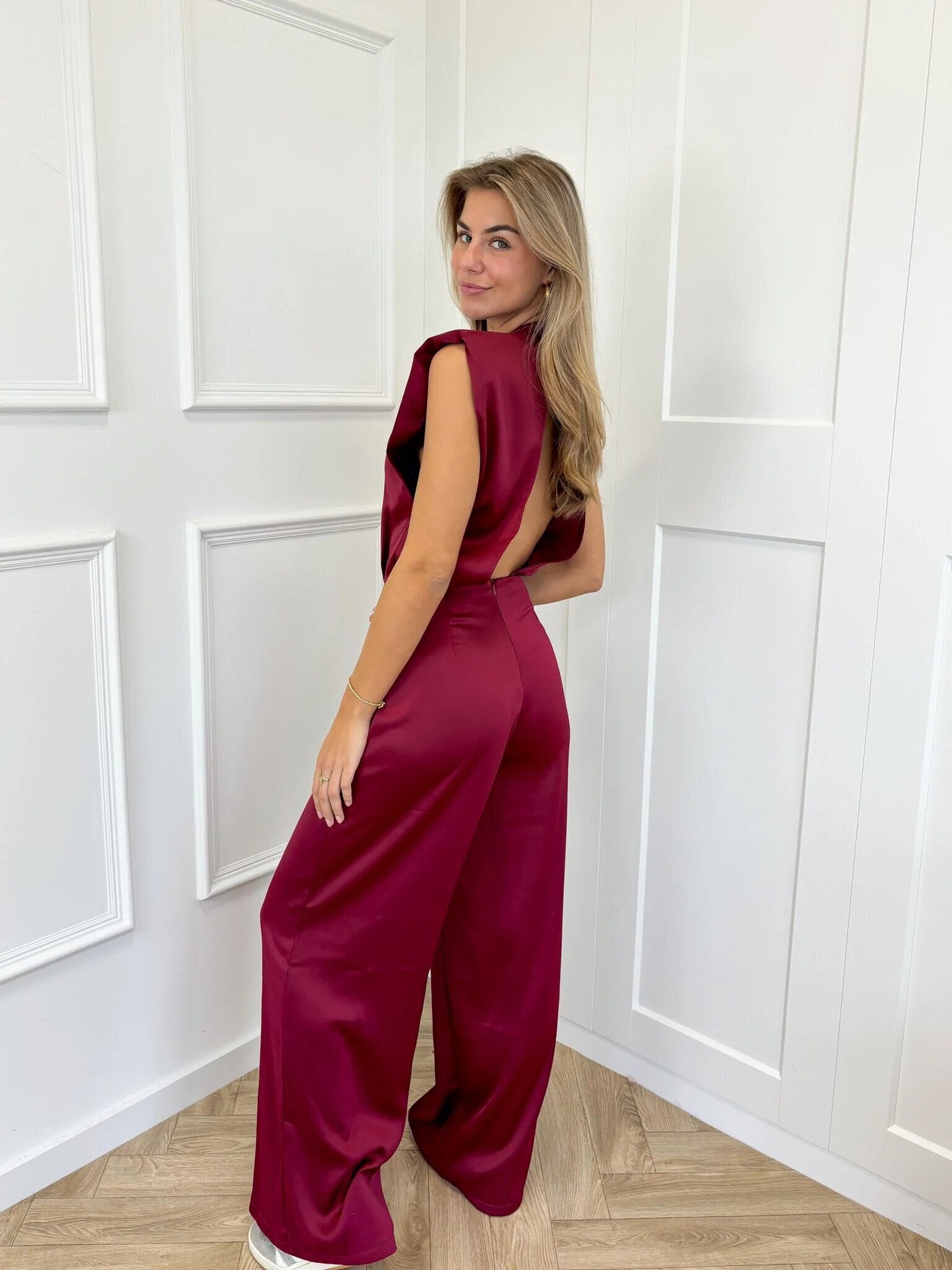 Summer women's clothing solid color Stand Collar sleeveless loose satin Low Back wide-leg jumpsuit 10