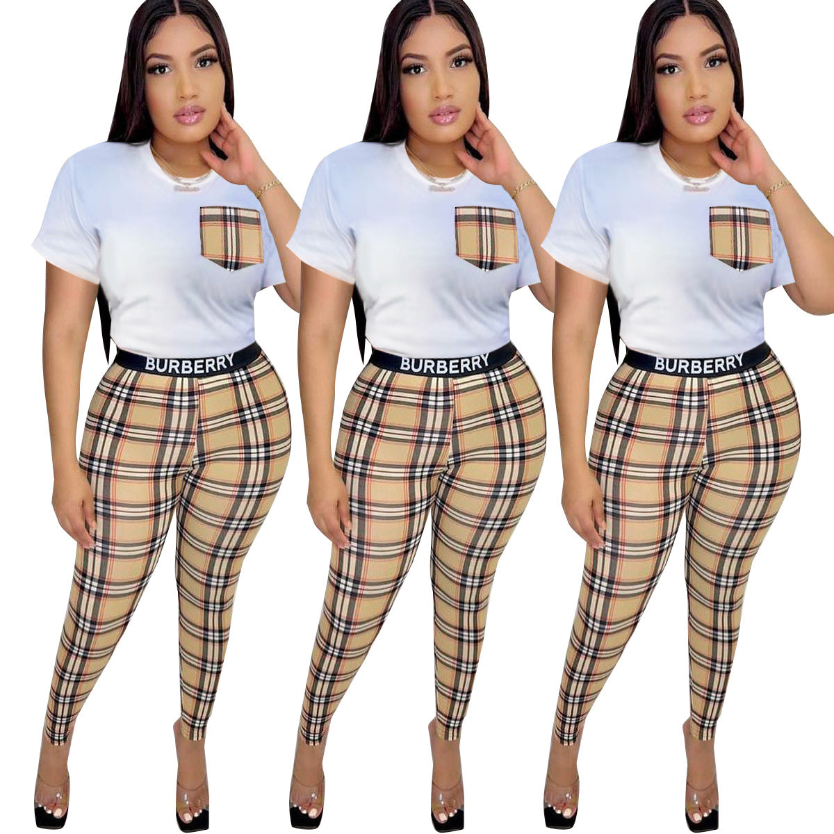 Women's Fashion Casual Striped Checkered Patchwork Pocket Two-Piece Pants Set 6