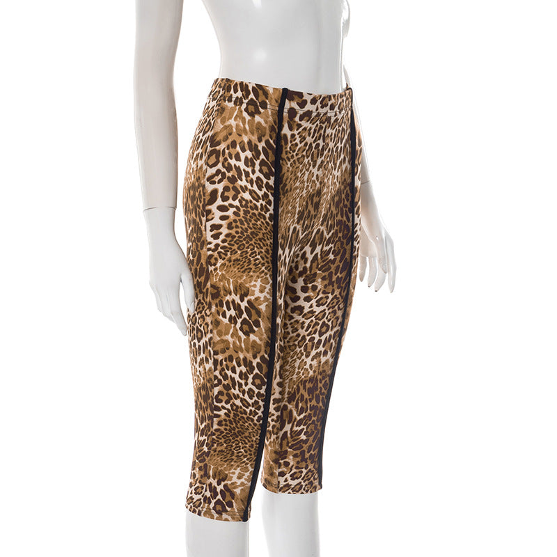 Summer Women's Sexy Tight-Fitting Leopard Print Striped Five-Point Shorts Casual Pants 6
