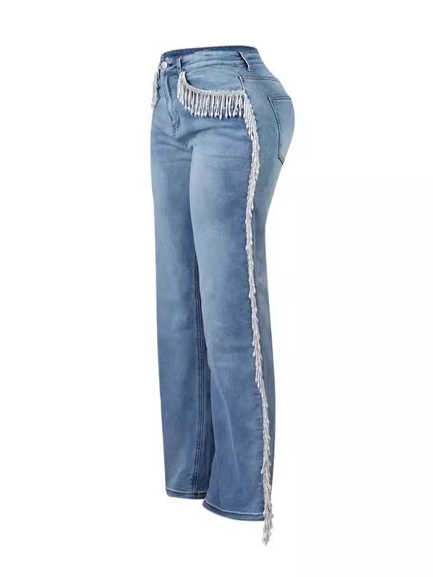 Straight-Leg Denim Pants Autumn High Waist Fashionable Retro Tassel Jeans 6