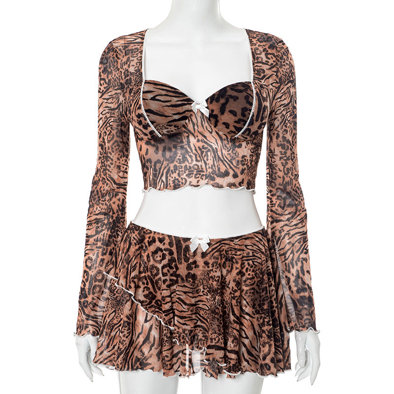 Women Sexy Leopard Bow Bell Bottom Ruffle Edge Long Sleeve Top and Pleated Skit Two-piece Set 4