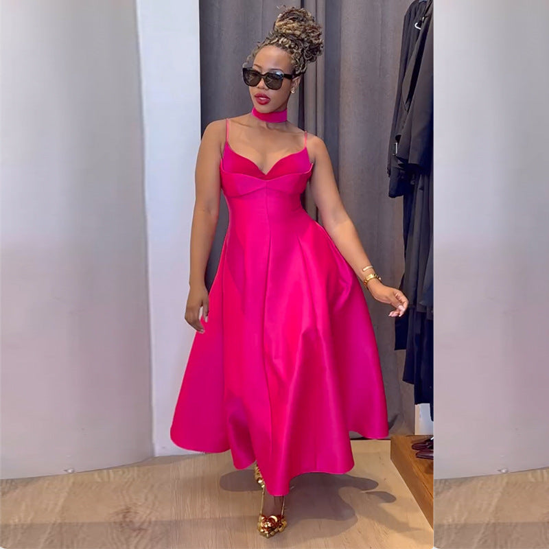 Women's Autumn Chic Elegant Strap V-Neck High Waist Slim Fit A-Line Dress