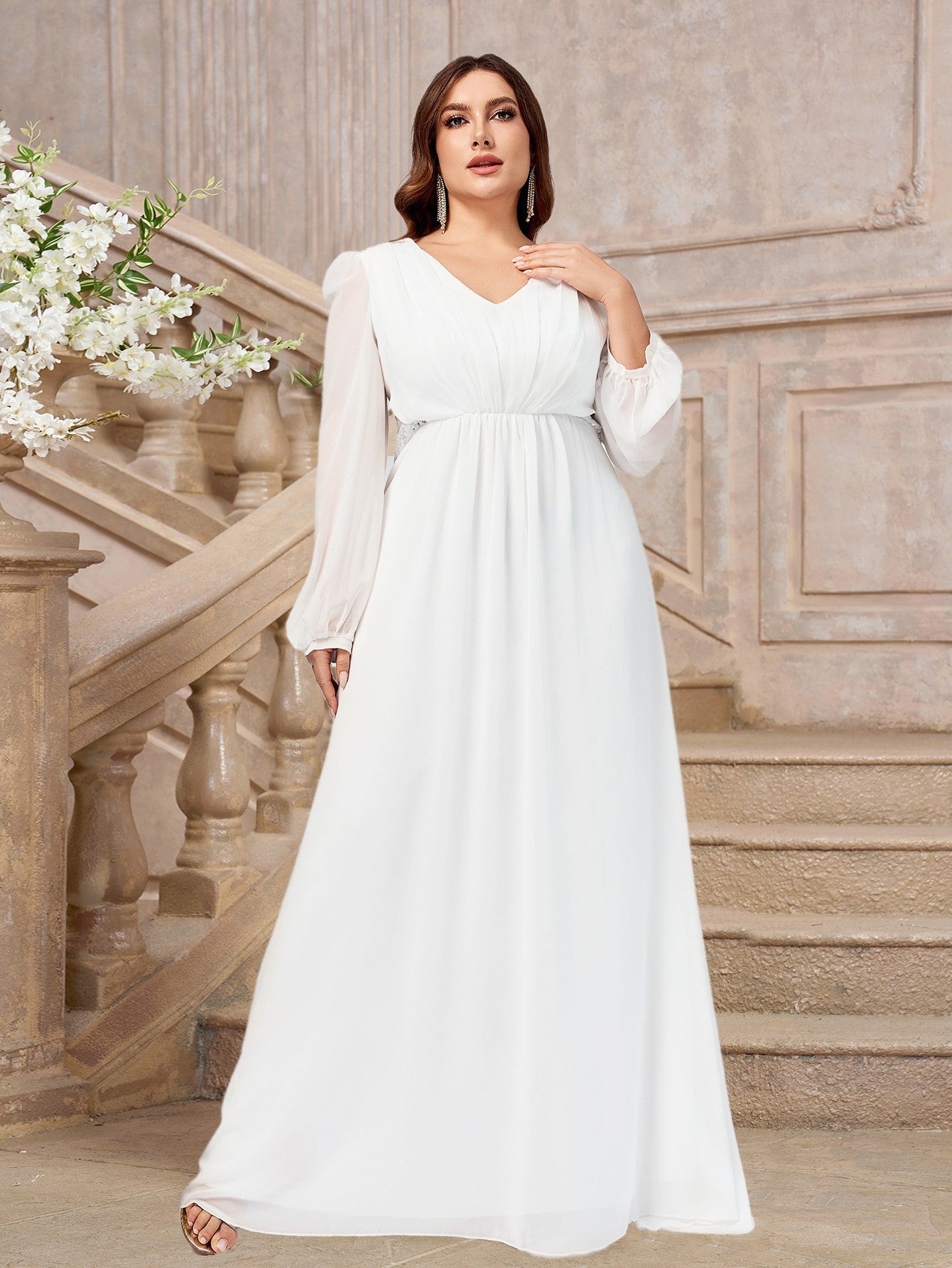 Plus Size Women Chiffon Long Sleeve V Neck Formal Party Dress 5