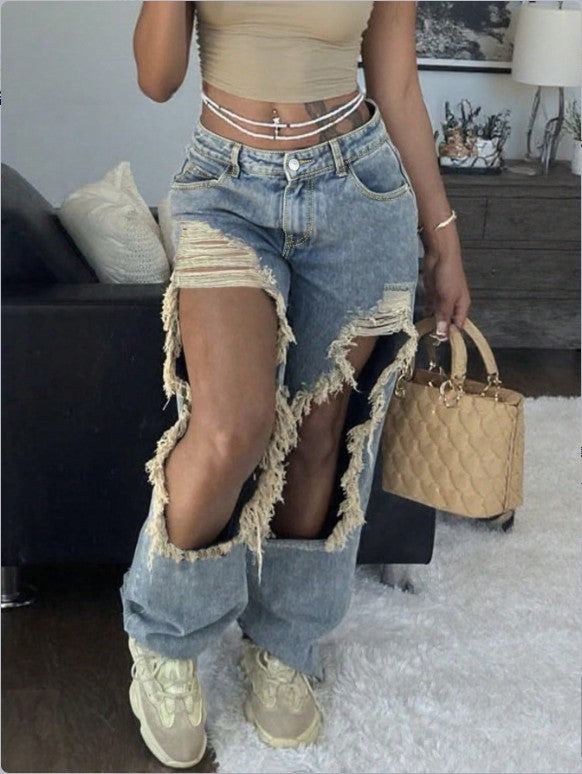 Summer Loose Style Ripped Straight Leg Casual Denim Pants Women 6