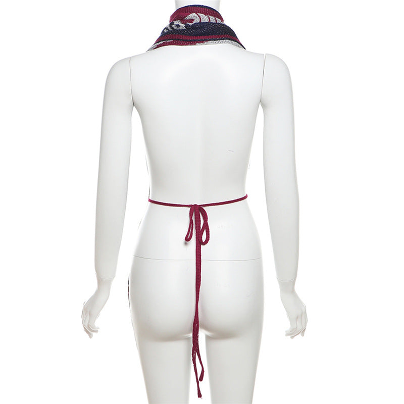 Summer Women Sexy Backless Strappy Tassel Printed Scarf Top 9