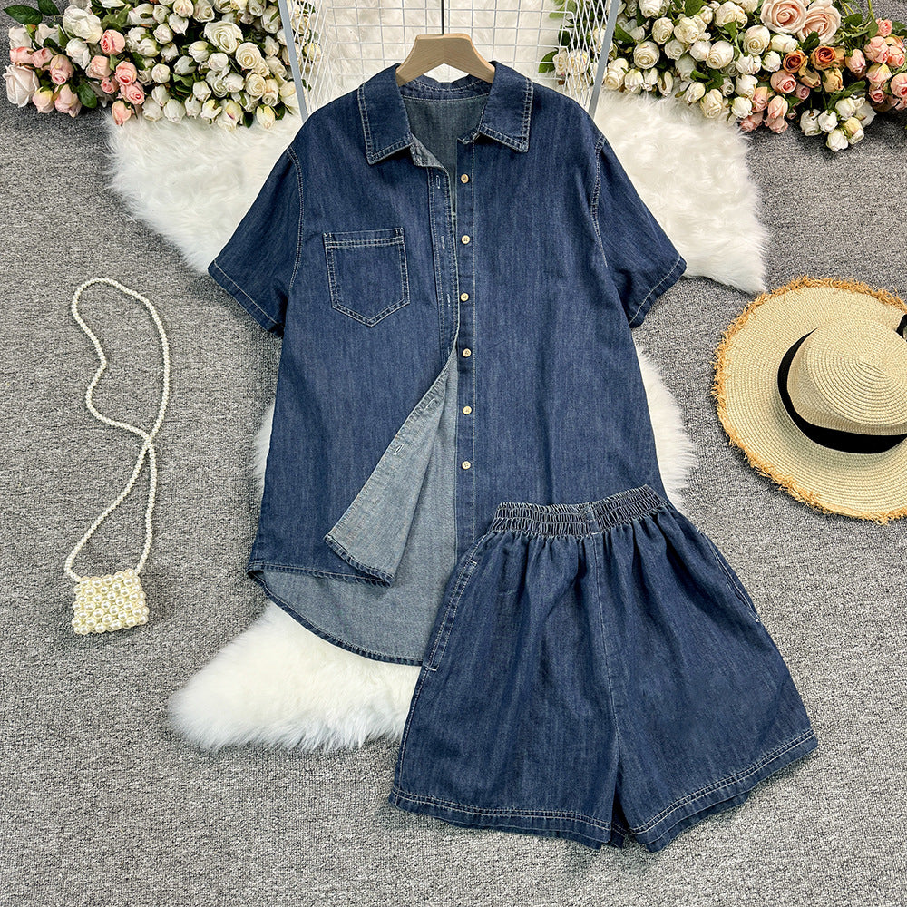 Summer Loose Short-Sleeved Denim Shirt Wide-Leg Shorts Casual Trendy Two-Piece Set 3