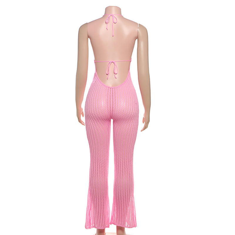 Spring Sexy Halter Neck Low Back Slim Flared Jumpsuit 13