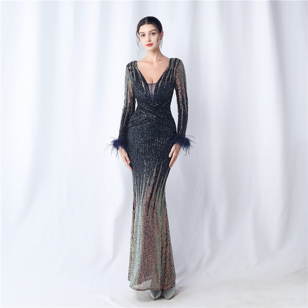 Women Ostrich Feather Gradient Sequins Long Sleeve Evening Gown 7