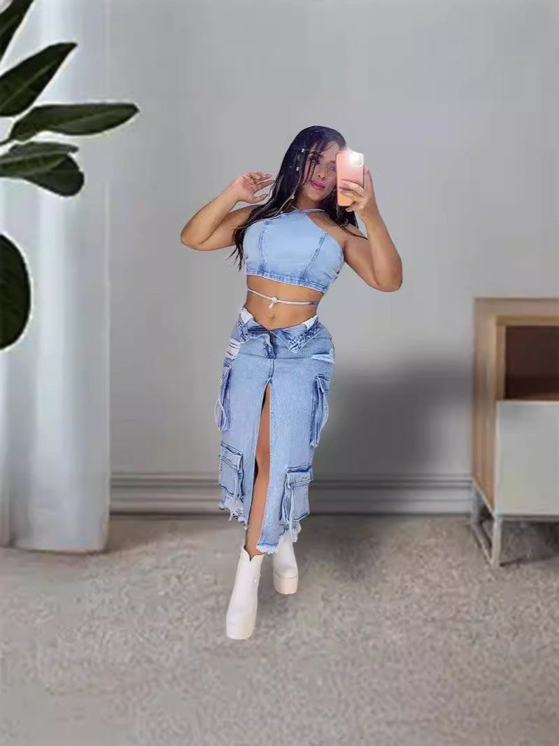 women's slit Ripped pocket Cargo Denim skirt 4