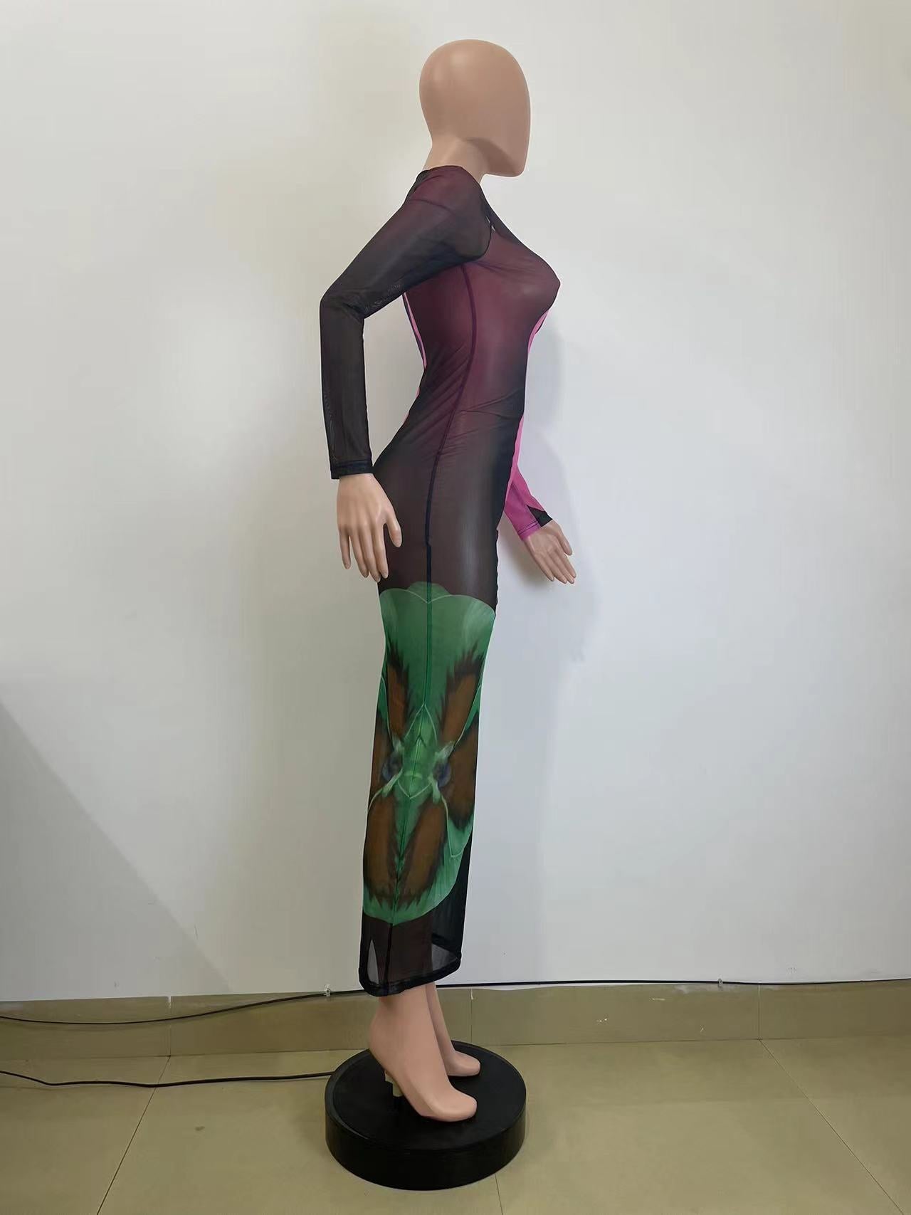 Women Spring Sexy Print Round Neck Bodycon Dress 5