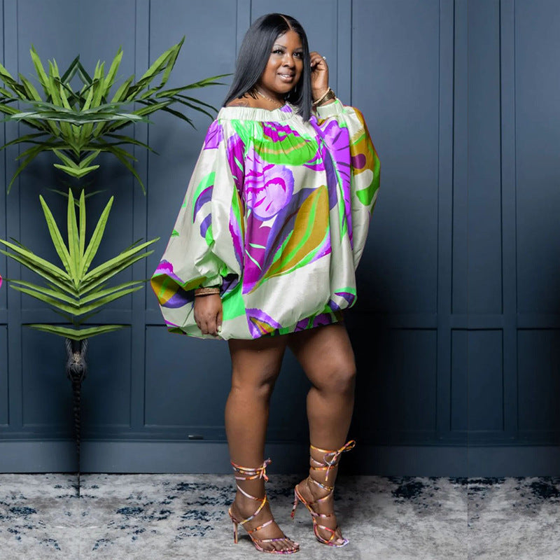plus size off shoulder printed bat long sleeve loose dress 28