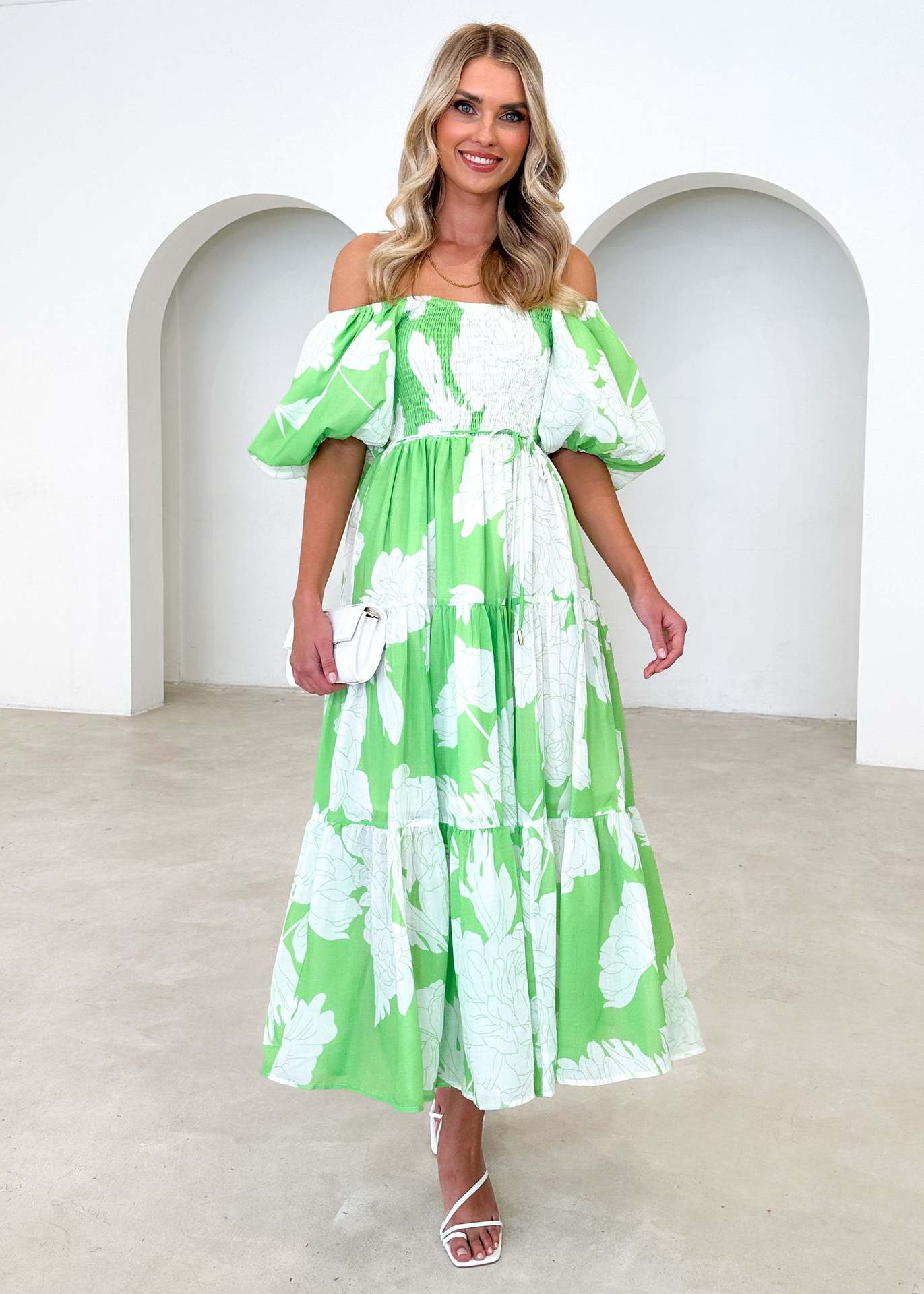 Women Elegant Print Off Shoulder Puff Sleeve Dress