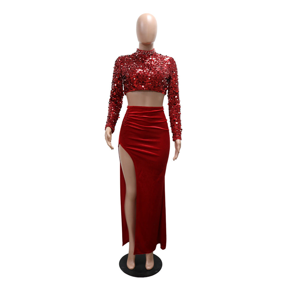 Women Round Neck Sequin Long Sleeve Top Sexy Slit Velvet Skirt Two-piece Set 11