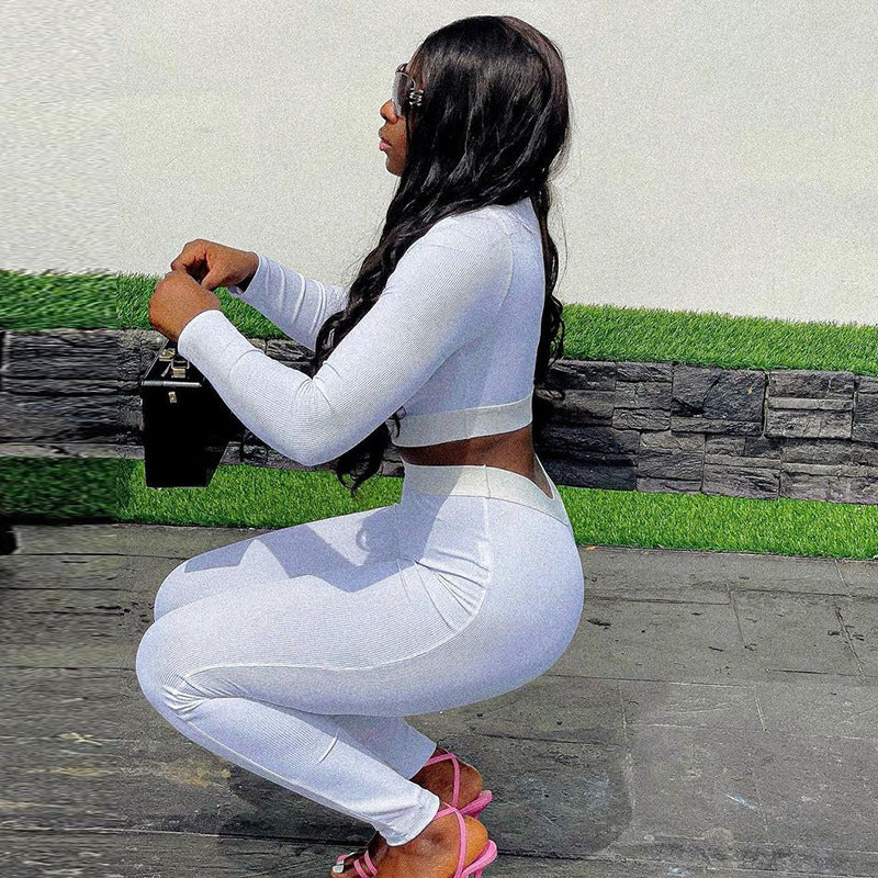 Women's Casual Sexy Solid Color Tight Slim Long Sleeve Top & Fitted Pants Set