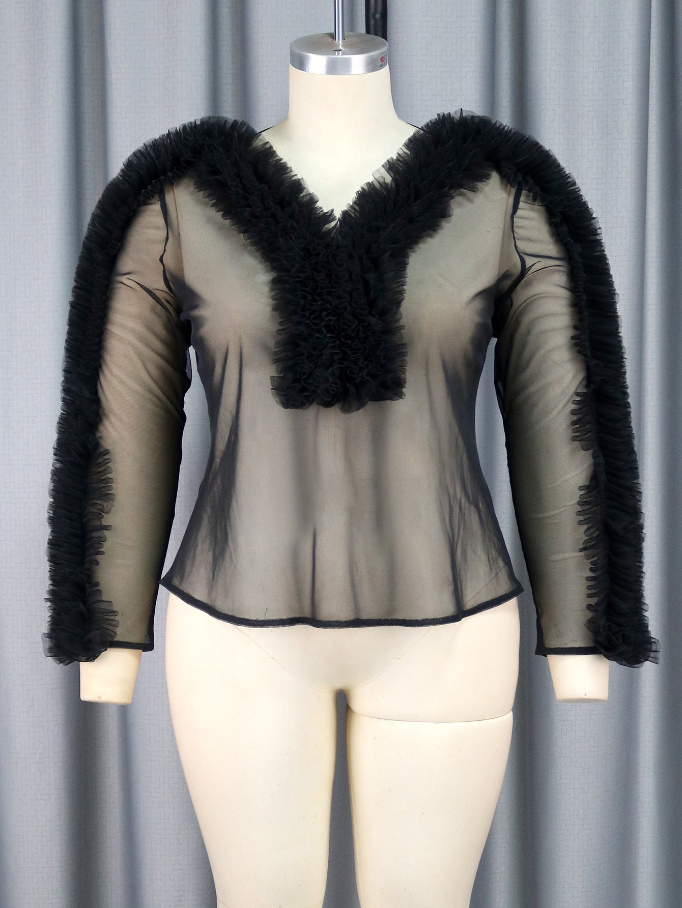 Sexy See-Through Long Sleeve Blouse V-Neck Mesh Patchwork Slim Waist Slim Fit Tops