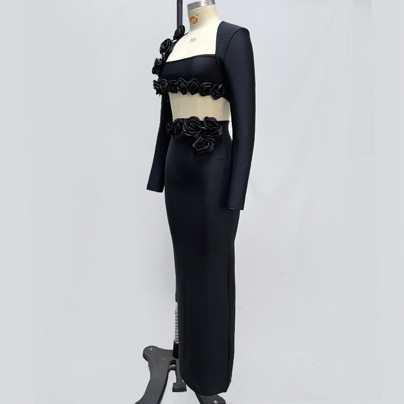 Solid Color Long Sleeve Flower Bandage Top Long Skirt Two-Piece Set 12