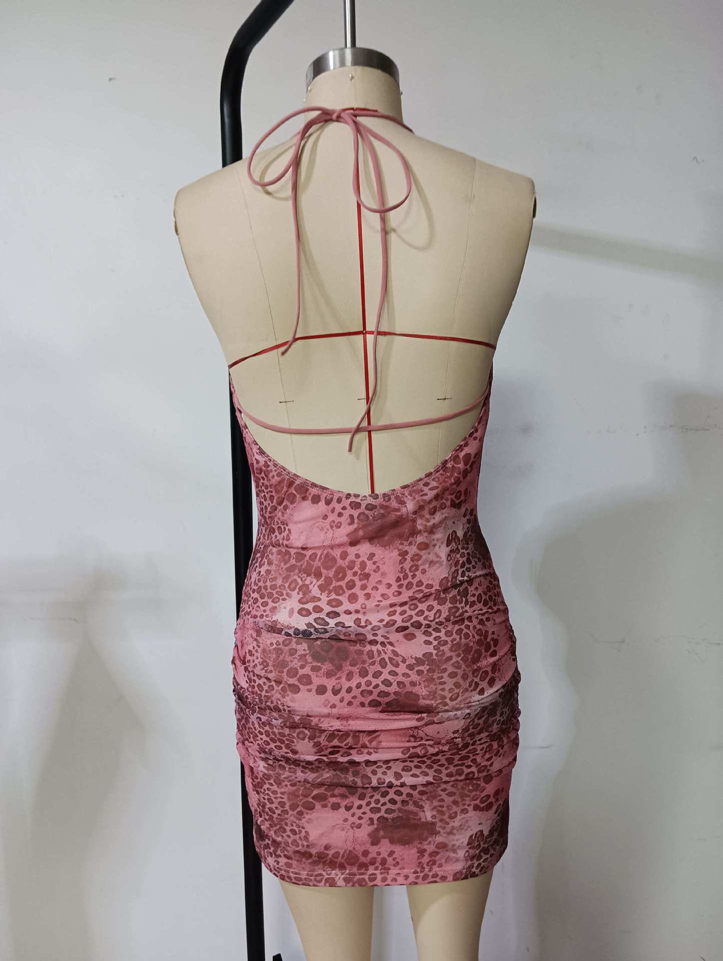 Women's Sexy Mesh Printed Drop Collar Cut-Out Low Back Halter Neck Lace-Up Short Dress 8