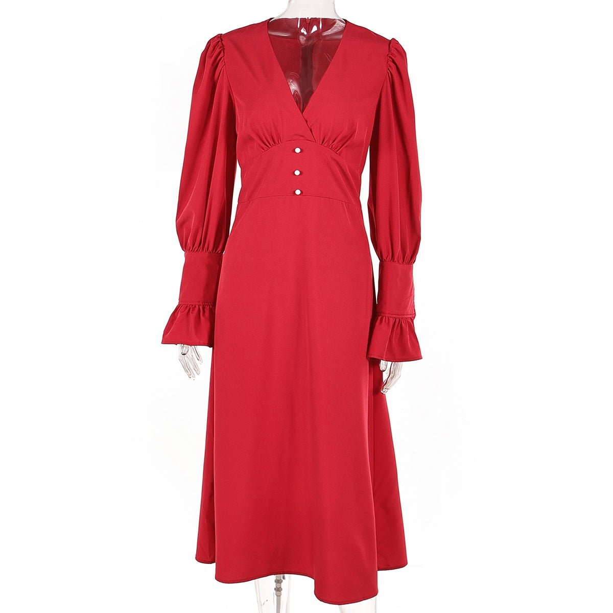 Women Sexy Puff Sleeve V-Neck Dress 7