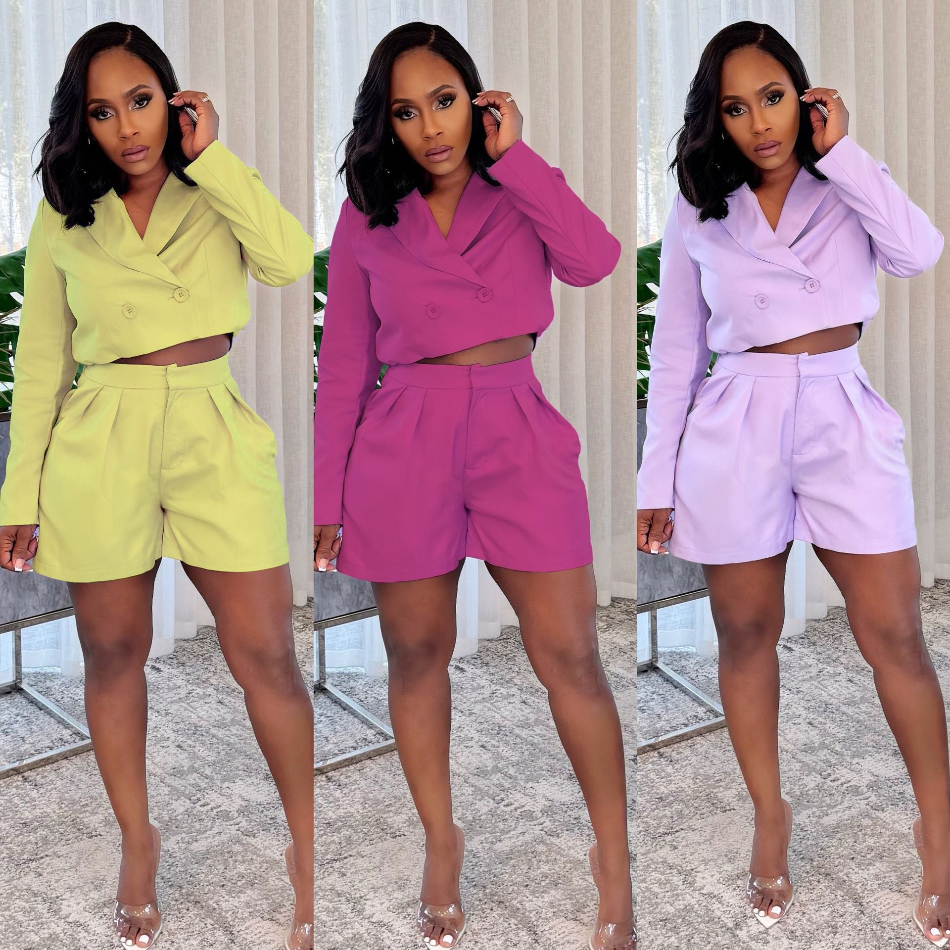 Women elegant Career Turndown Collar Long Sleeve Blazer and Shorts Two-piece Set 8