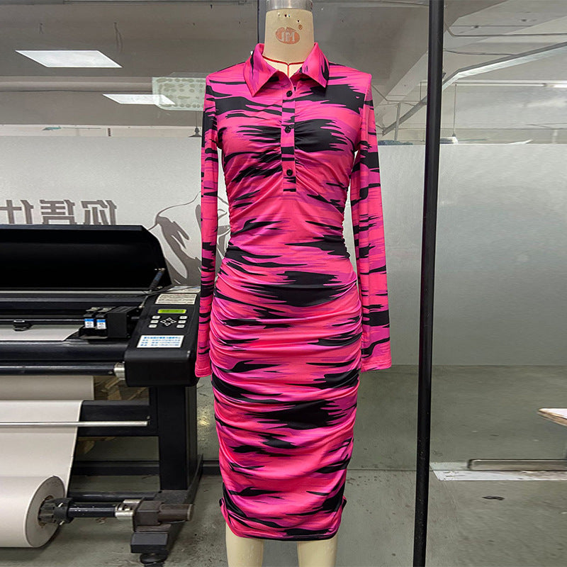 Women's Spring And Summer Printed Fashion Casual Pleated Long Sleeve Slim Chic Long Dress 7