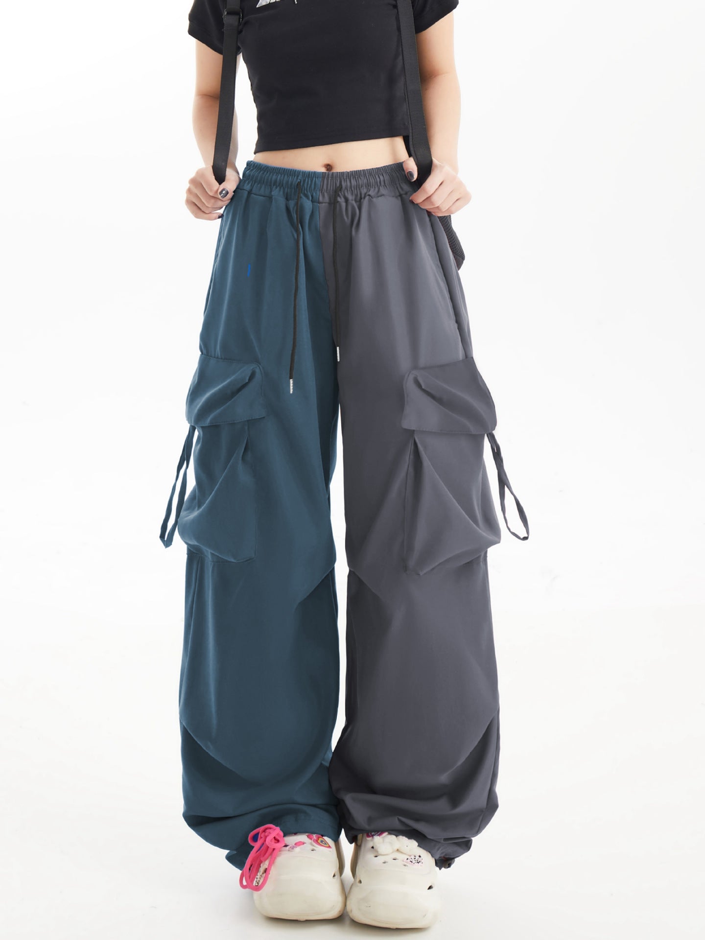 American Contrast Color Loose Wide Leg Cargo Pants Hip Hop Color Matching Fashion Casual Sports Trousers for Women 17