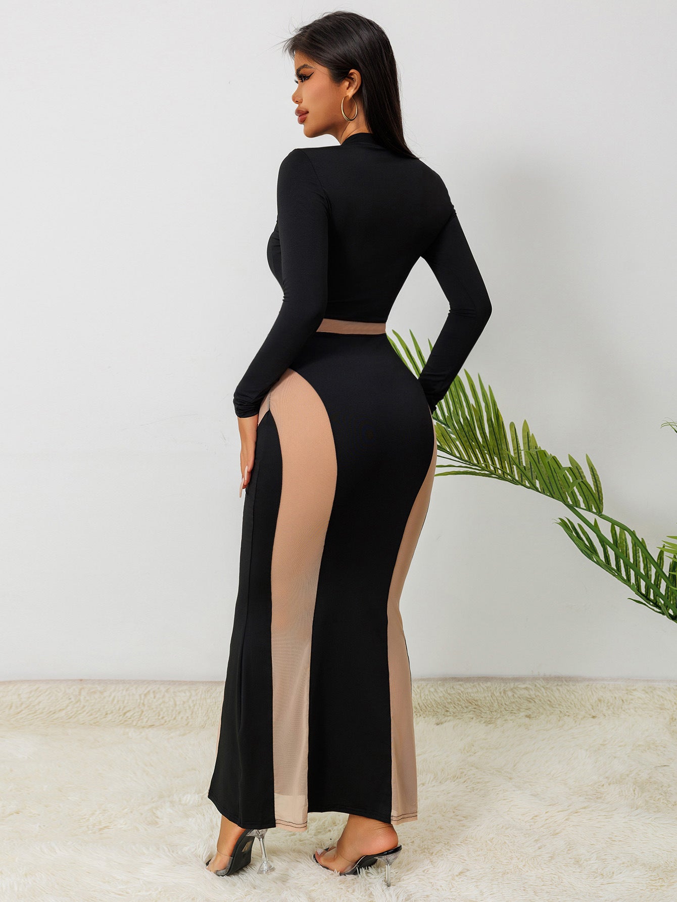 Fall Sexy See Through Mesh Patchwork Long Sleeve Slim Nightclub Long Dress 5