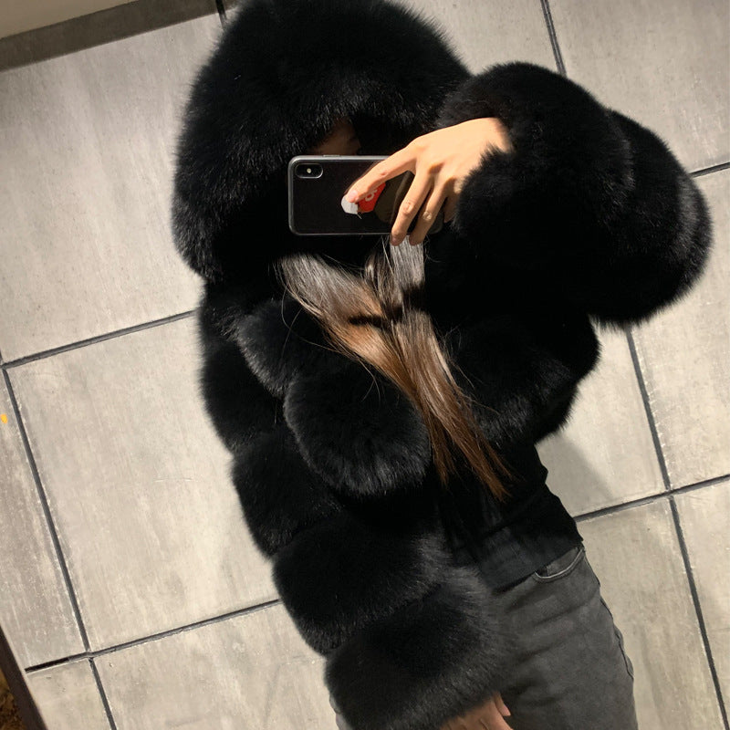 Women Faux furry Hooded Long Sleeve Crop Jacket 18