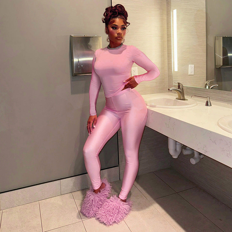 Women Round Neck Long Sleeve Top Pants Casual Two Piece Set 6