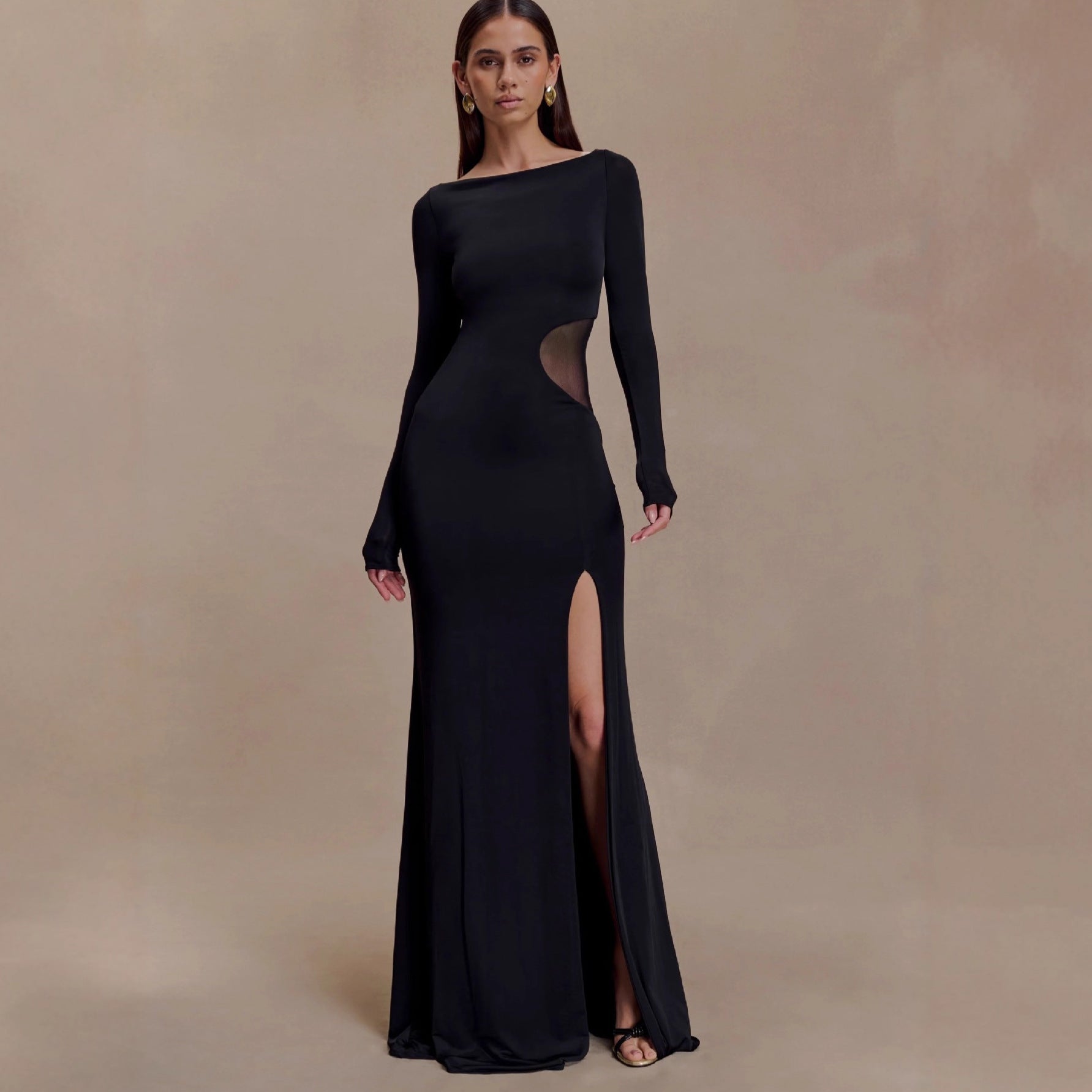 Women's Long Sleeve Cut-Out See Through Slit Long Dress