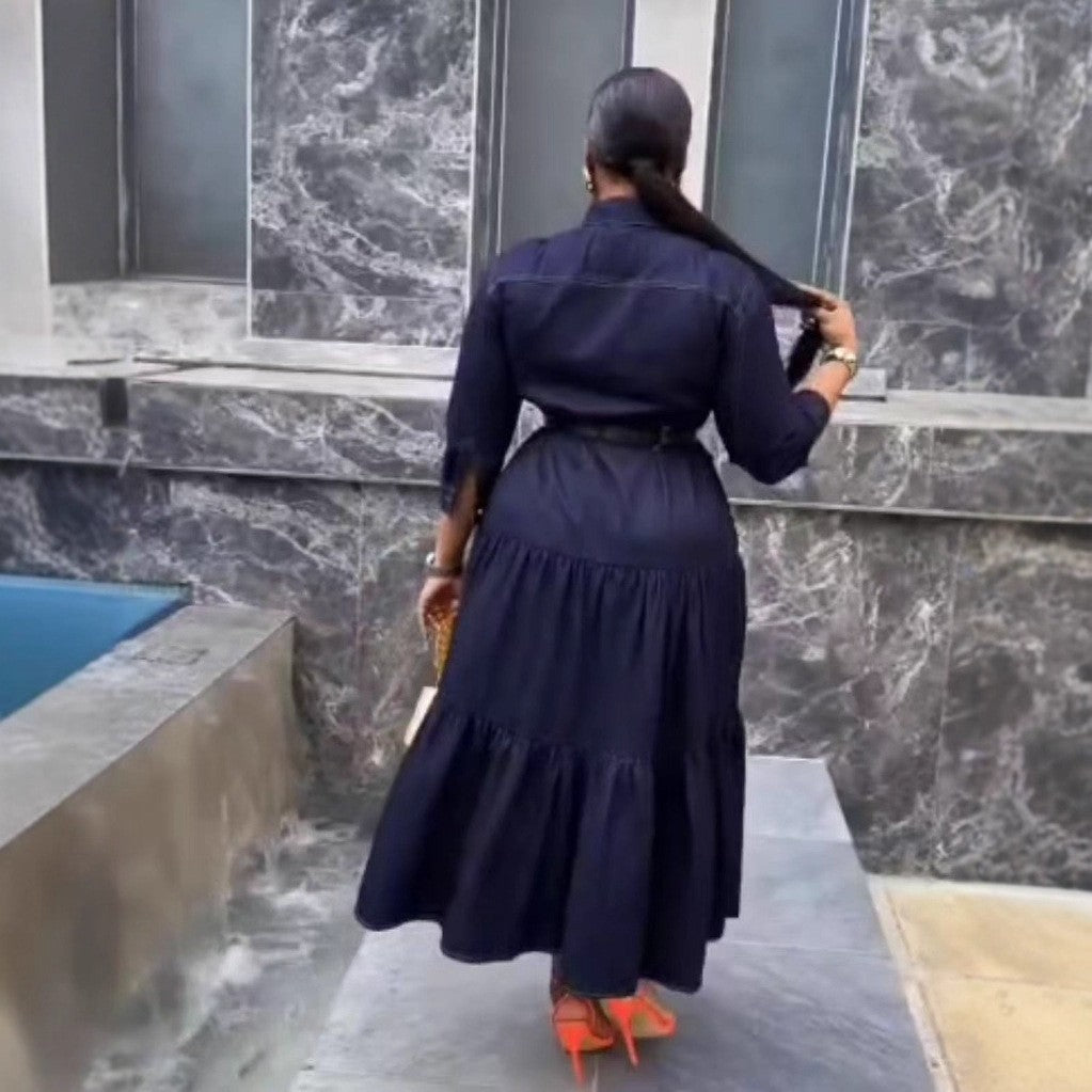 Women's Turndown Collar Metal Button High-Waist Denim Skirt