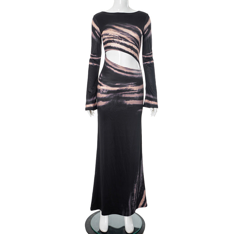 Women's Autumn Print Hollow Waist Sexy Slim Long Dress 4