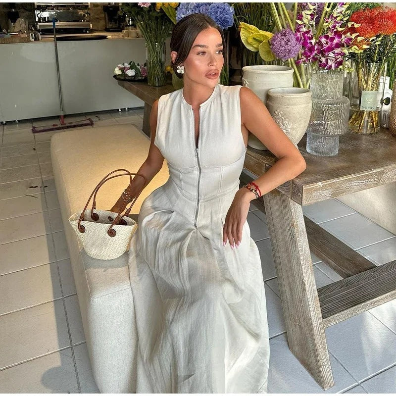 High-Waist Solid Color Sleeveless Zip-Up Dress Elegant Career-Chic Gown 15