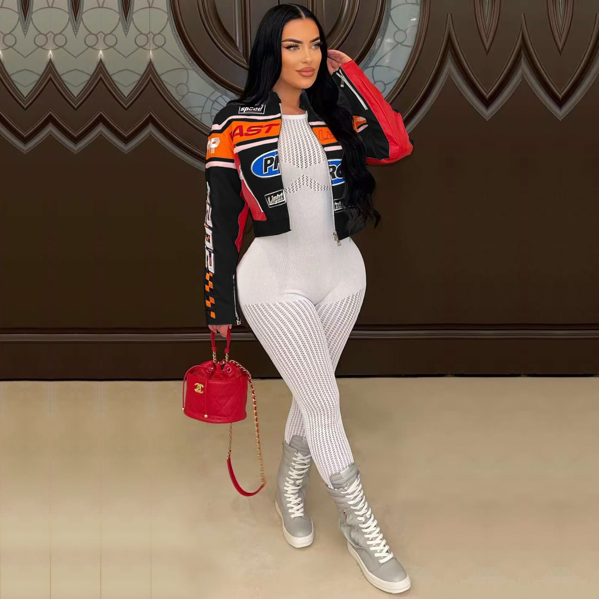 Autumn And Winter High Street Print Stand Collar Short Zipper Jacket 6