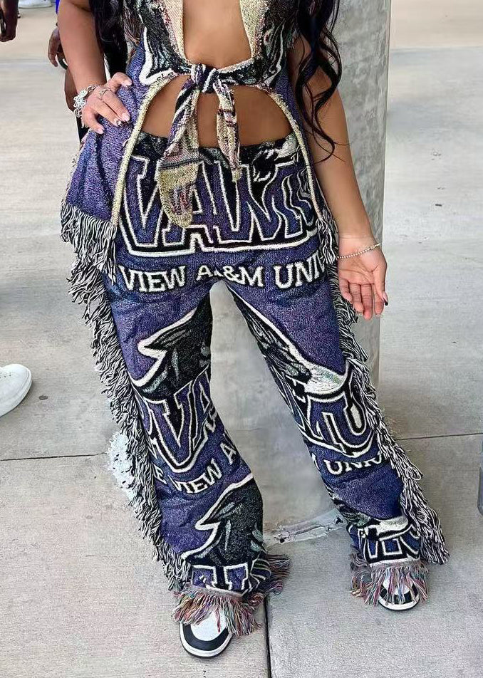 Women casual multi-color print tassel pants 3